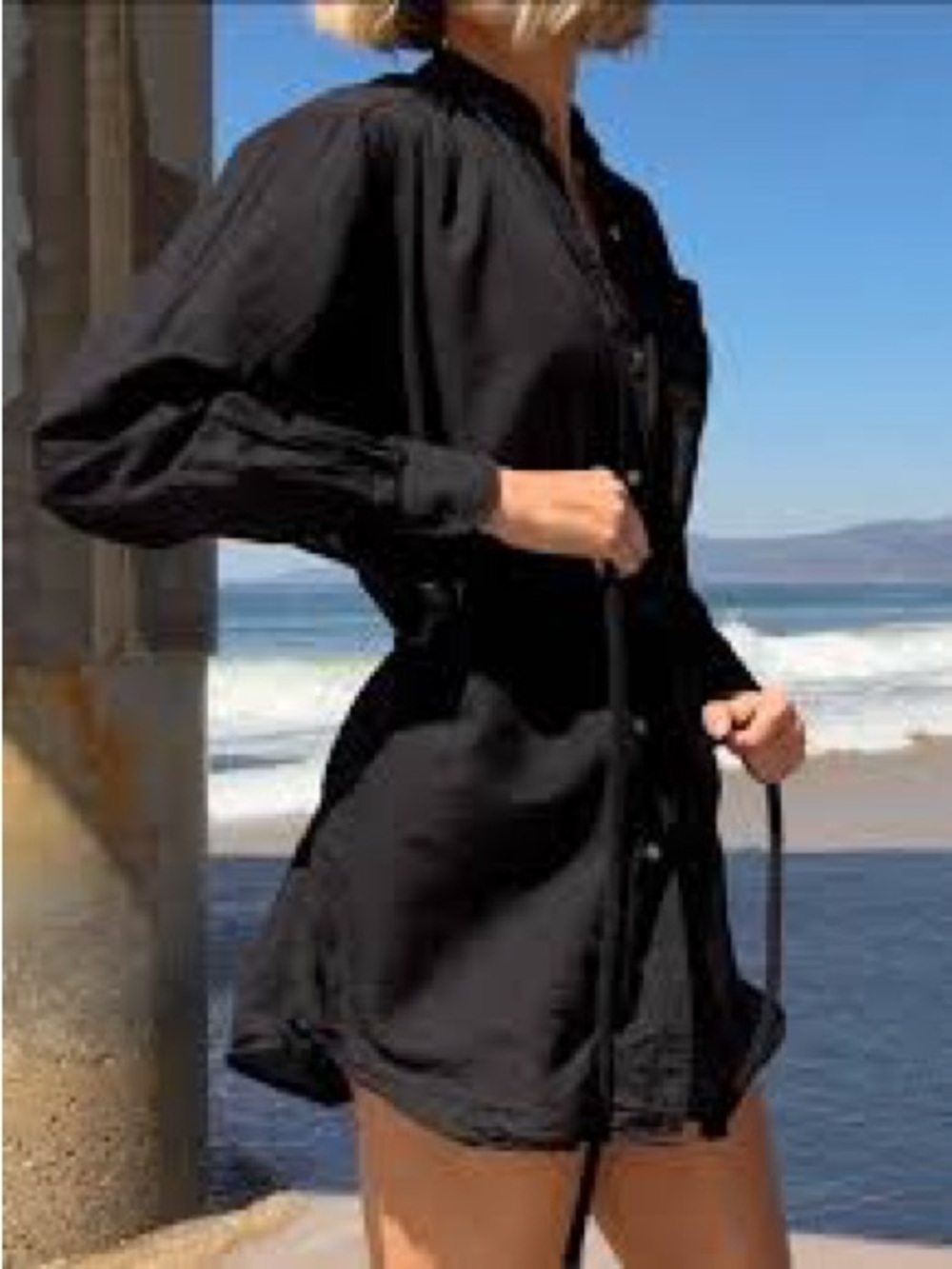 Free People Women's Black Button-Front Shirt Dress with Tie Waist